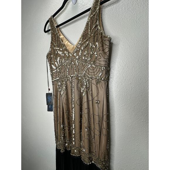 NWT Sue Wong Beaded Gold Mesh Top Black Fringe Bottom Evening Dress 8 - Picture 10 of 15